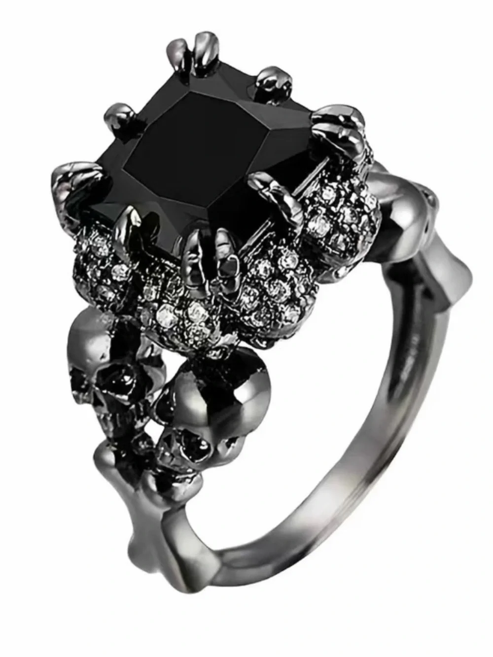 Gothic Skull Black Stone Ring Size 7 Halloween Statement Jewelry